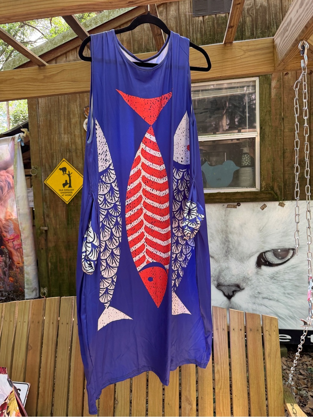 SHEIN Blue Coverup Dress with Red & White Fish Print 5x plus with pockets